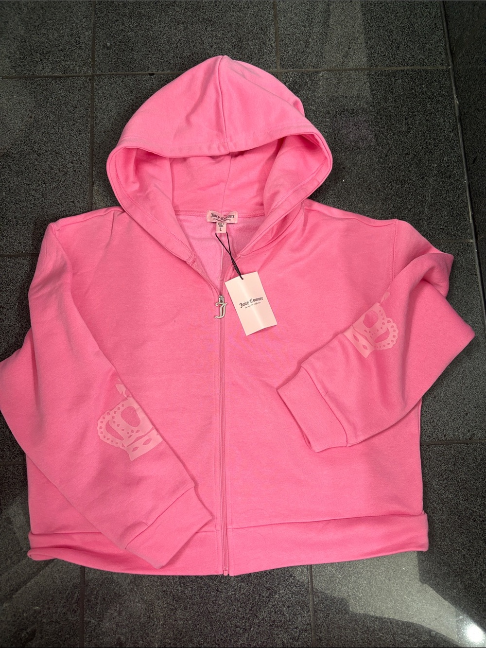 Juicy Couture Pink Zip-Up Hoodie with Crown Sleeve Prints